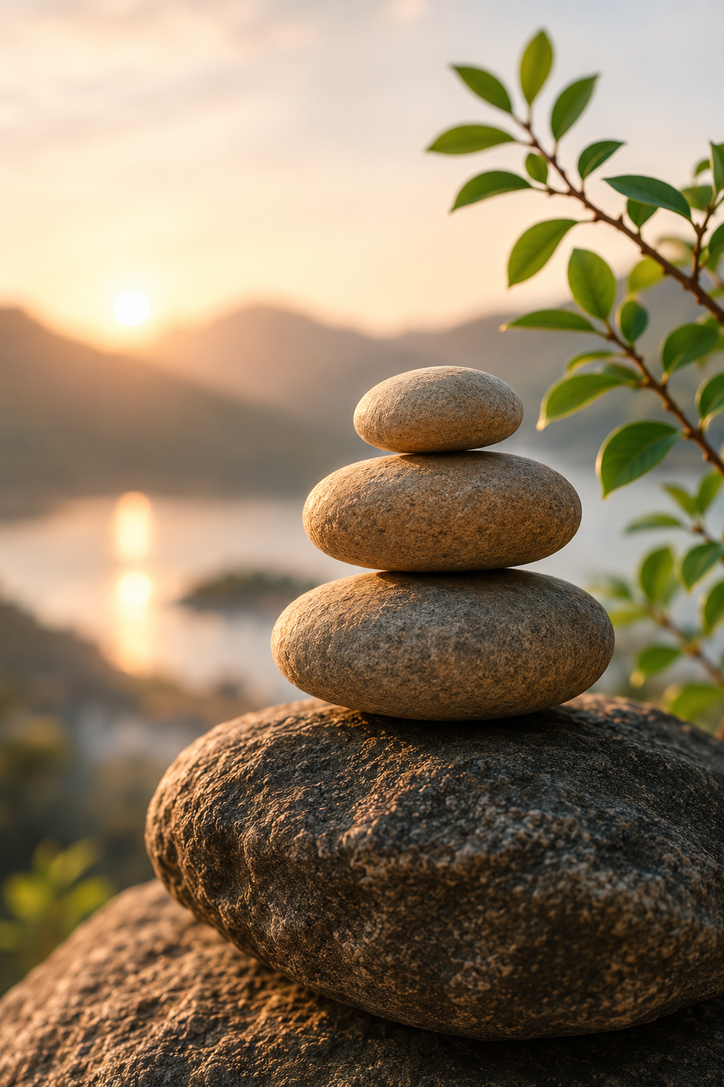 Stacked balancing stones by a lake at sunrise, symbolizing calm and balance