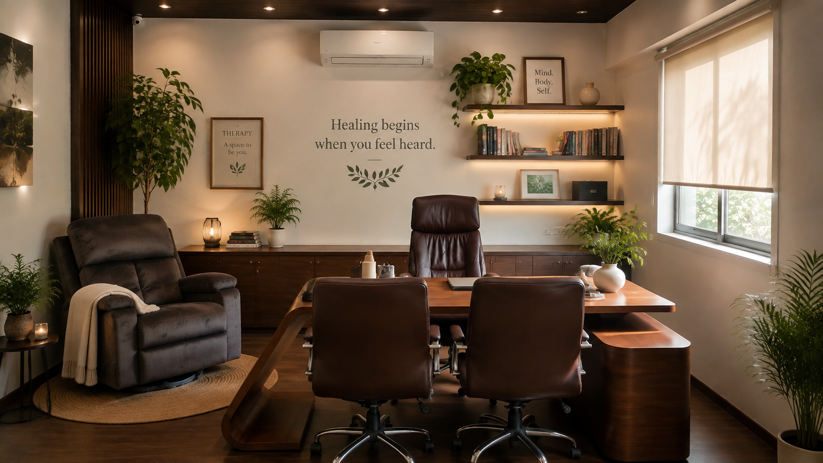 A warm, plant-filled therapy room with a leather recliner, seating table, and a wall message that reads Healing begins when you feel heard.