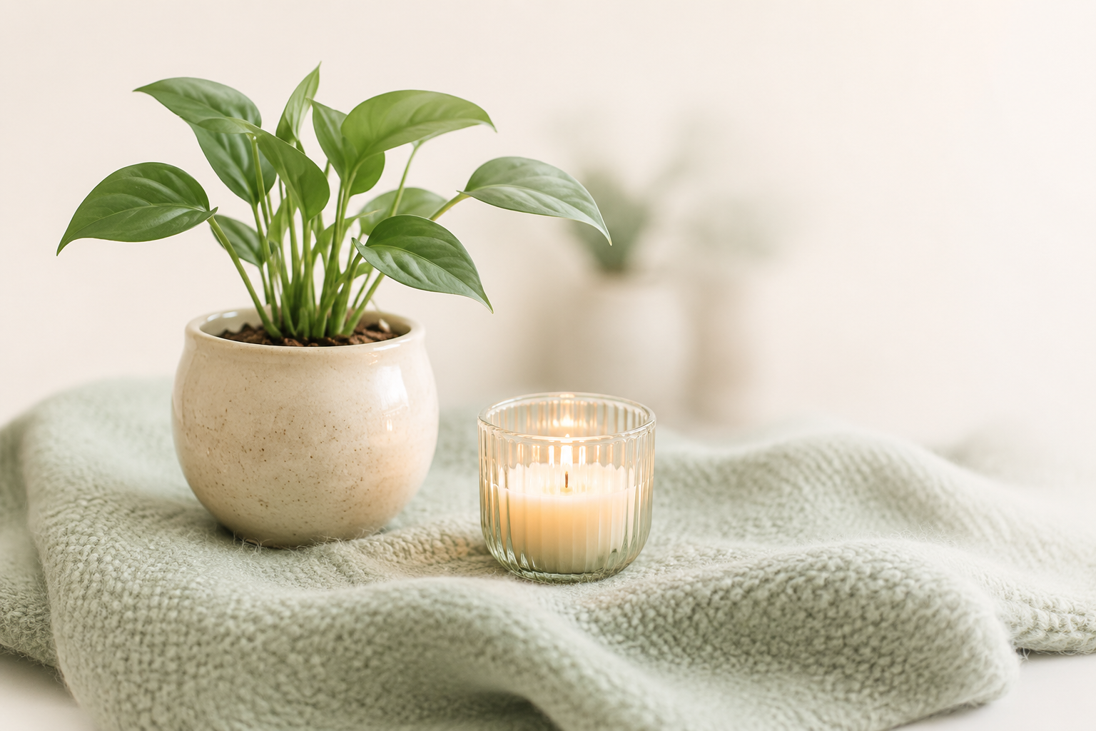 A potted plant and a lit candle resting on a soft sage-green throw