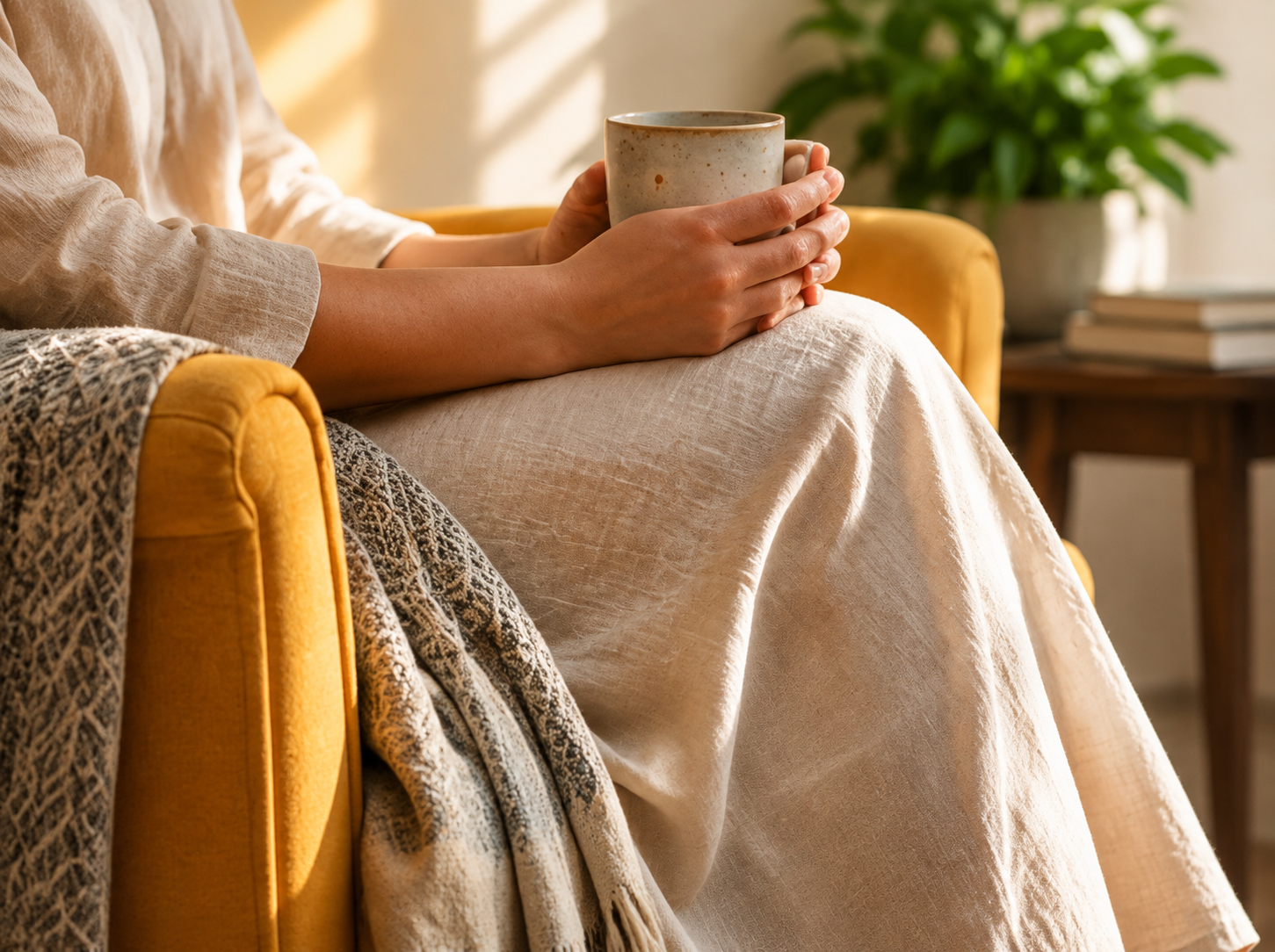 A potted plant and a lit candle resting on a soft sage-green throw
