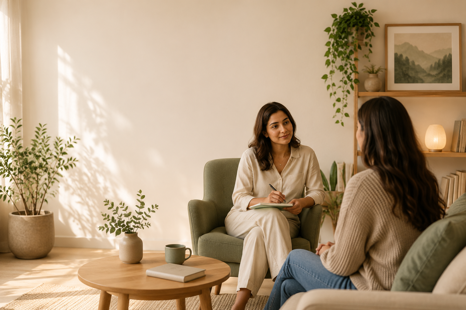 A warm, sunlit therapy session between two people seated in a calming room