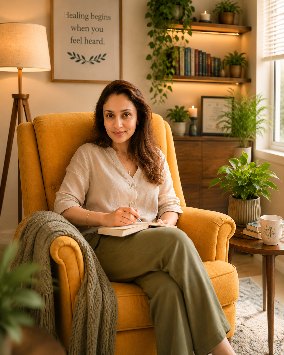 A warm, sunlit therapy session between two people seated in a calming room