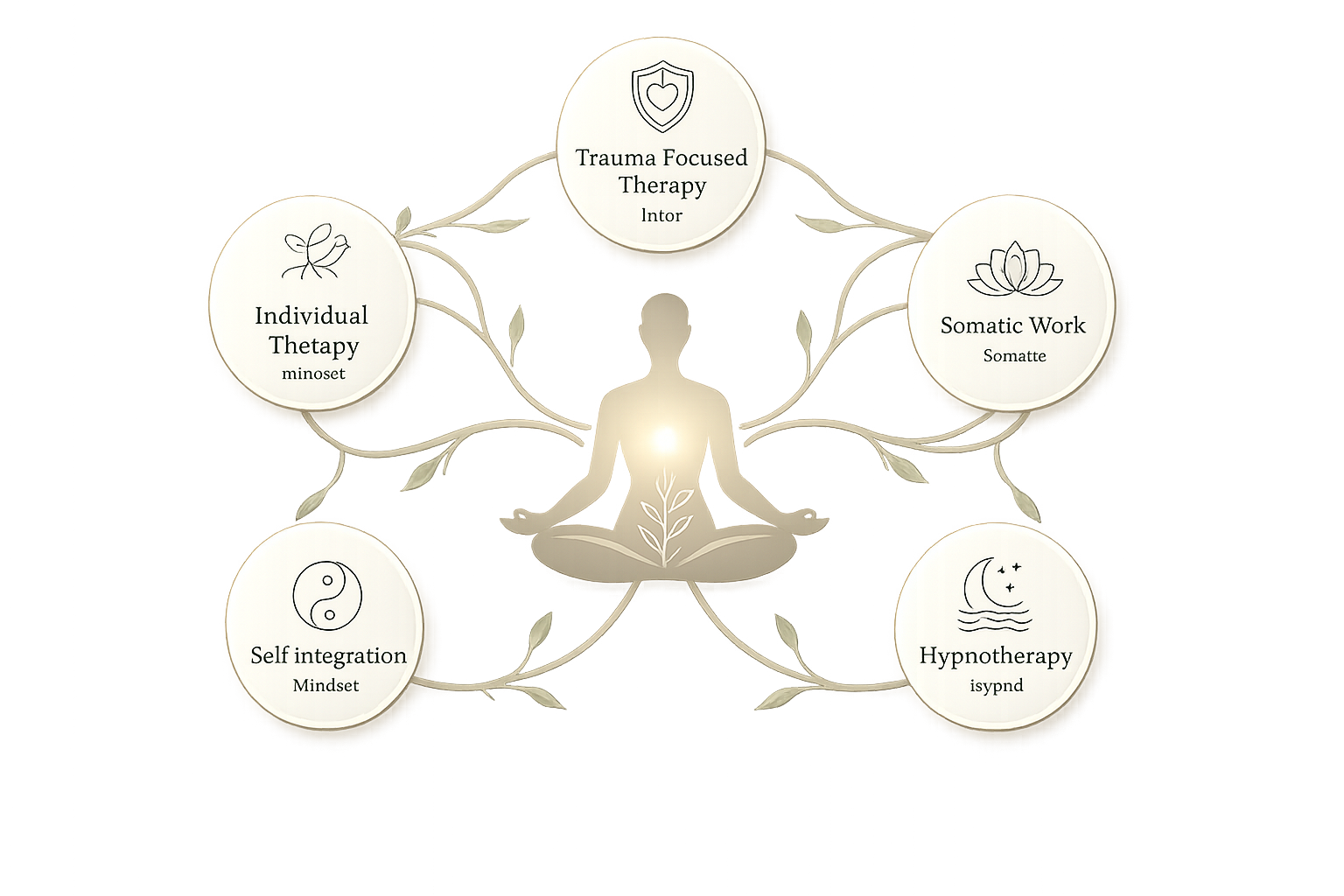 Diagram showing five services — Trauma Focused Therapy, Somatic Work, Hypnotherapy, Self Integration, and Individual Therapy — around a central meditating figure