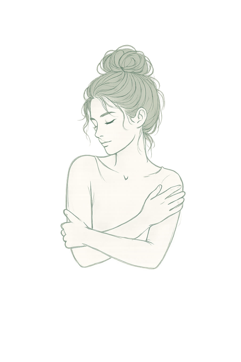 Line-art illustration of a woman gently hugging herself